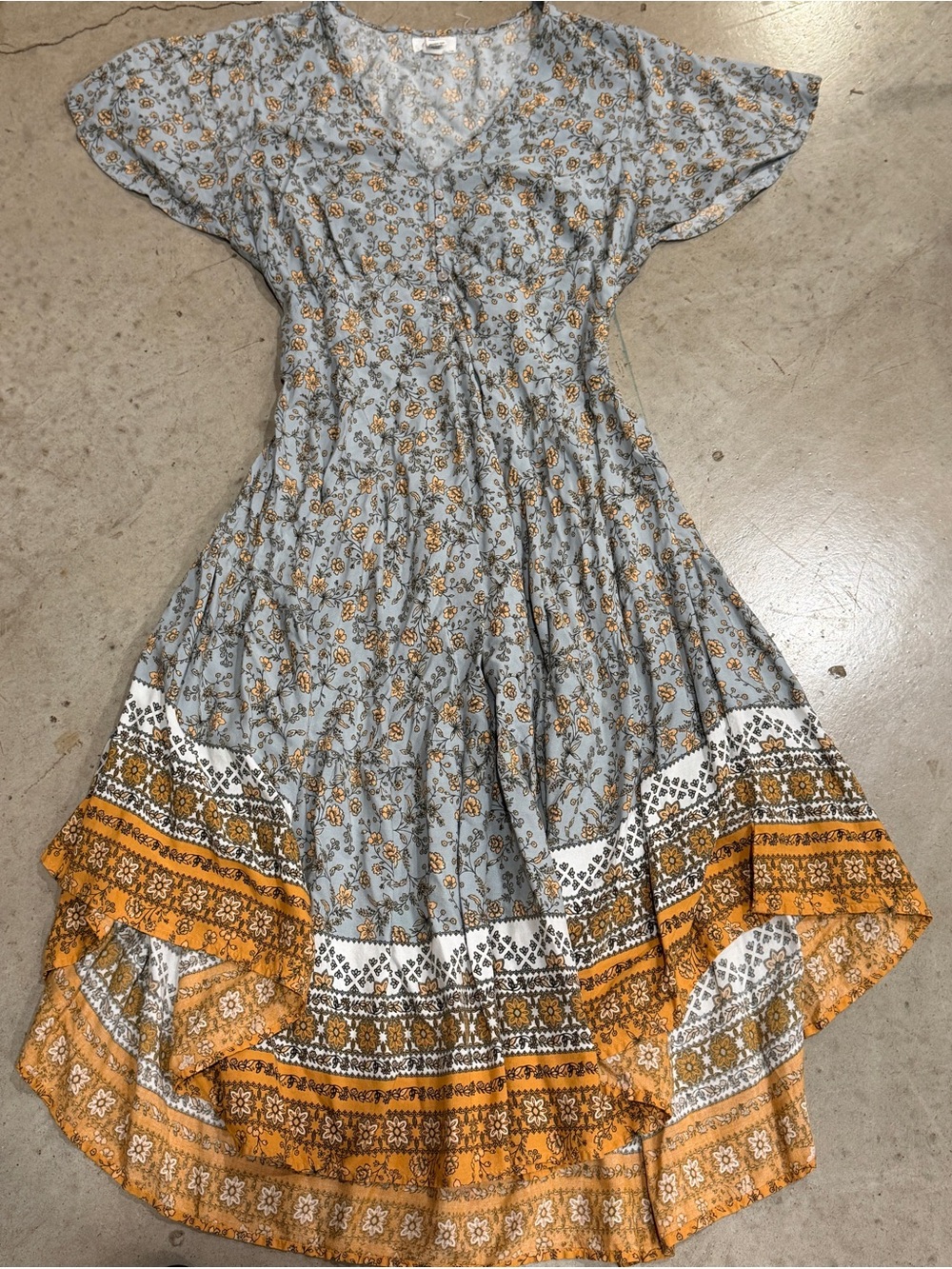 Japna Light Blue and Mustard Floral High-Low Dress